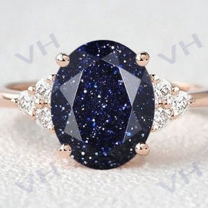 2.8ct Vintage Art Deco Blue Sandstone Engagement Ring Galaxy Blue Sandstone Wedding Ring 14k Rose Gold Bridal Anniversary Promise Gift