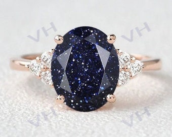 2.8ct Vintage Art Deco Blue Sandstone Engagement Ring Galaxy Blue Sandstone Wedding Ring 14k Rose Gold Bridal Anniversary Promise Gift