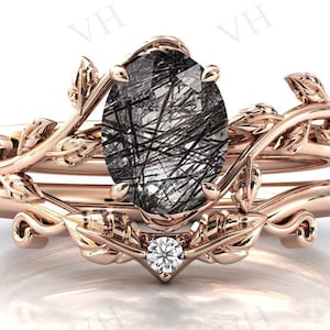 Antique Black Rutile Engagement Ring Set Art Deco Wedding Ring Set Oval Cut Leaf Style Bridal Ring Set Unique Anniversary Promise Ring Set