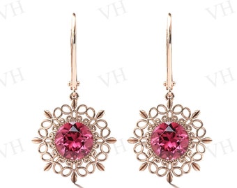 Art Deco Pink Tourmaline Earrings Rose Gold Antique Filigree Design Earrings For Women Unique Wedding Earrings Pink Gemstone Earrings