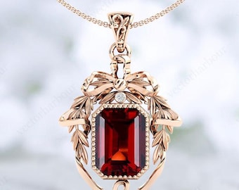 Emerald Cut Garnet Pendant For Women Vintage Garnet Gemstone Pendant Antique Style Pendant Art Deco Leaf Pendant Rose Gold Handmade Pendant