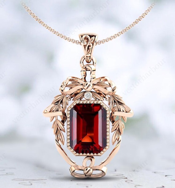 Emerald Cut Garnet Pendant For Women Vintage Garnet Gemstone Pendant  Antique Style Pendant Art Deco Leaf Pendant Rose Gold Handmade Pendant