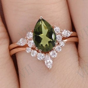 Vintage Moldavite Engagement Ring Set 14k Gold Moldavite Gemstone Wedding Ring Set Pear Shape Moldavite Bridal Promise Ring Set For Women