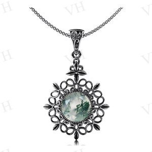 Vintage Moss Agate Pendant For Women Unique Wedding Pendant 925 Sterling Silver Pendant Vintage Filigree Design Pendant Statement Pendant