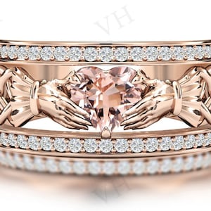 Vintage Morganite Claddagh Engagement Ring Art Deco Claddagh Style Ring Heart Shaped Morganite Wedding Ring Unique Claddagh Gemstone Ring