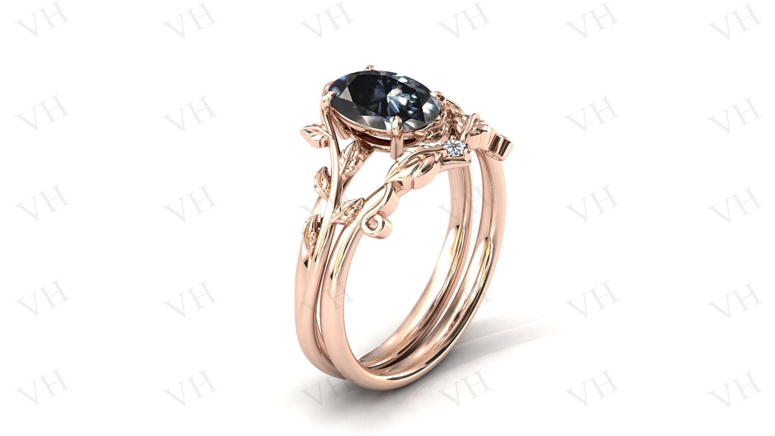 Vine Leaf Design Grey Spinel Engagement Ring Set 925 Silver - Etsy