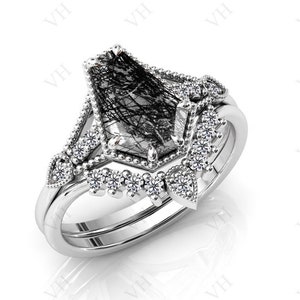 Art Deco Coffin Shaped Black Rutile Engagement Ring Set Vintage Black Rutilated Quartz Ring Set 925 Silver Rutile Antique Wedding Ring Set image 7