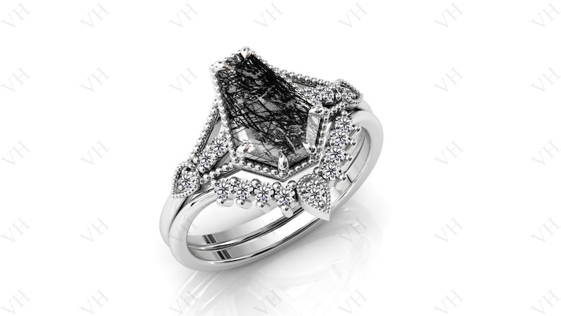 Art Deco Coffin Shaped Black Rutile Engagement Ring Set Vintage Black Rutilated Quartz Ring Set 925 Silver Rutile Antique Wedding Ring Set image 7