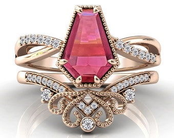Coffin Shaped Pink Tourmaline Engagement Ring Set Art Deco Pink Tourmaline Wedding Ring Set Antique Filigree Design 2 Piece Bridal Ring Set