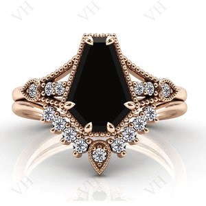 Vintage Black Onyx Engagement Ring Set Art Deco Coffin Wedding Ring Set Rose Gold Black Onyx Bridal Ring Set Antique Anniversary Ring Set