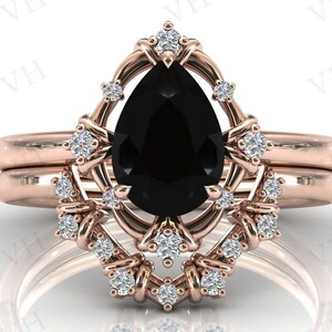 Art Deco Pear Shaped Black Onyx Engagement Ring Set 14k Gold Wedding Ring Set Antique Black Onyx Bridal Ring Set Anniversary Gift For Women