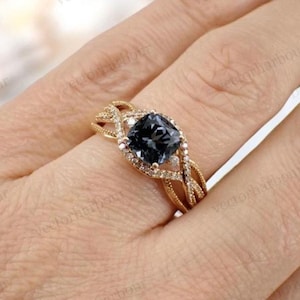 Unique Grey Spinel Engagement Ring For Women Cushion Cut Grey Spinel Wedding Ring Vintage Bridal Anniversary Ring Art Deco Engagement Ring