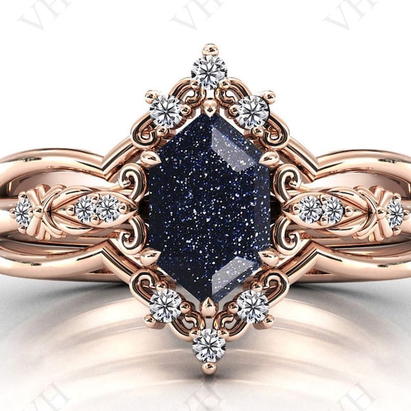 Galaxy Sandstone Engagement Ring Set Art Deco Blue Sandstone Wedding Ring Set 14k Gold Hexagon Shaped Engagement Ring Set Antique Bridal Set