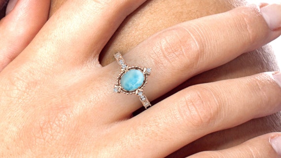 Unique Larimar Engagement Ring Oval Cut Larimar Wedding Ring Art Deco Bridal Anniversary Ring 14k Rose Gold Larimar Promise Ring for Women Etsy