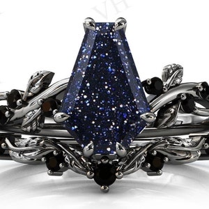 Vine Leaf Style Coffin Shaped Blue Sandstone Engagement Ring Set Art Deco 2 Piece Bridal Ring Set Antique Blue Sandstone Wedding Ring Set