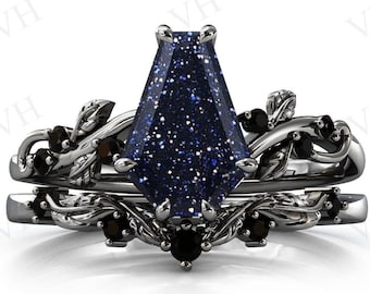 Vine Leaf Style Coffin Shaped Blue Sandstone Engagement Ring Set Art Deco 2 Piece Bridal Ring Set Antique Blue Sandstone Wedding Ring Set
