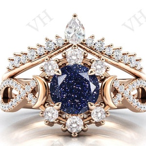 Moon Of My Life Galaxy Blue Sandstone Engagement Ring Set Art Deco Blue Sandstone Wedding Ring Set Antique Anniversary Ring Set For Women