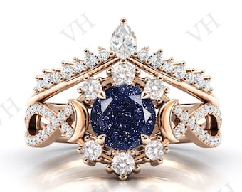 Moon Of My Life Galaxy Blue Sandstone Engagement Ring Set Art Deco Blue Sandstone Wedding Ring Set Antique Anniversary Ring Set For Women