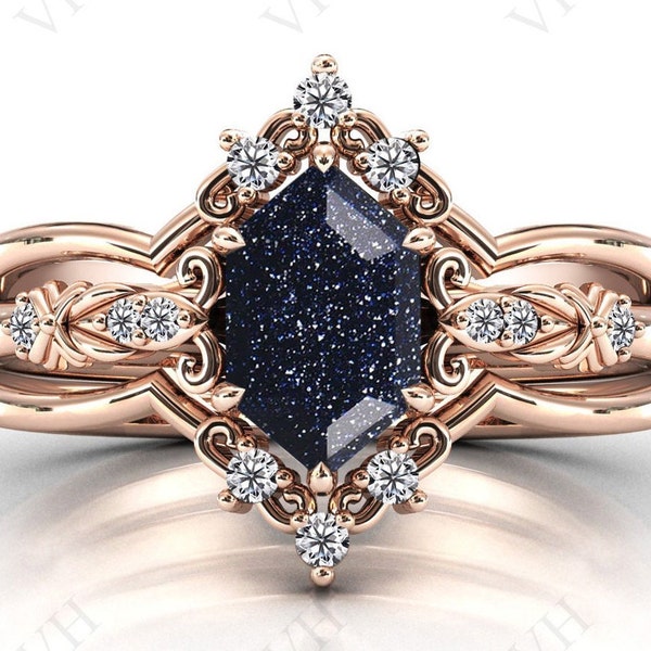 Juego de anillo de compromiso de arenisca azul en forma de hexágono Vintage Galaxy Star Sandstone Wedding Ring Set de anillo de sandía antiguo para mujeres