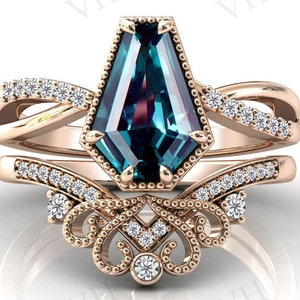 Art Deco Coffin Shaped Alexandrite Engagement Ring Set Antique Filigree Wedding Band For Women 14k Gold Alexandrite Bridal Promise Ring Set