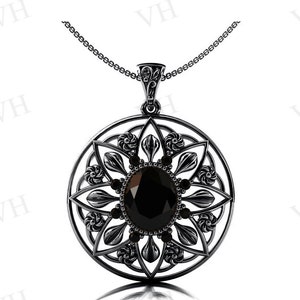 Natural Black Onyx Pendant For Women 925 Silver Floral Design Pendant Antique Wedding Necklace Unique Black Gemstone Pendant Gift For Women