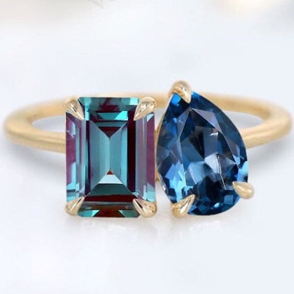Emerald Cut Alexandrite Engagement Ring Unique Multi Gemstone Ring Pear Cut London Blue Topaz Cluster Wedding Ring Anniversary Gift For Her