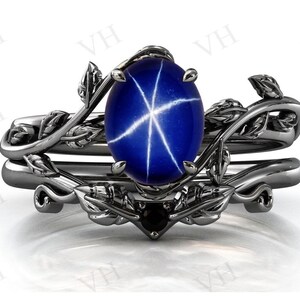 Vintage Bluestar Engagement Ring Set For Women Art Deco Leaf Style Wedding Ring Set 925 Silver Bluestar Bridal Promise Ring Set Gift For Her