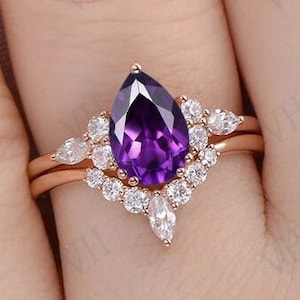 Art Deco Amethyst Engagement Ring Set Pear Cut Amethyst Wedding Ring Set Vintage Amethyst Bridal Ring Set Unique Anniversary Gift For Her