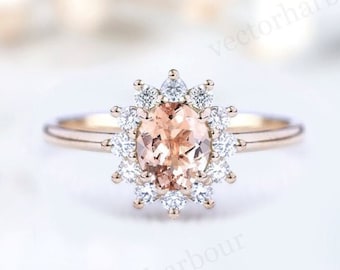 Peach Morganite Engagement Ring For Women Art Deco Halo Wedding Ring 14k Rose Gold Morganite Bridal Ring Unique Anniversary Promise Ring