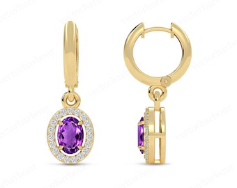 Antique Amethyst Hoop Earrings For Women Art Deco Handmade Earrings Unique Halo Wedding Earrings 925 Silver Amethyst Earrings Gift For Women