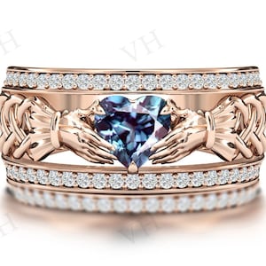 Claddagh Alexandrite Engagement Ring Heart Shaped Alexandrite Wedding Ring Unique Claddagh Style Ring 14k Gold Art Deco Bridal Promise Ring