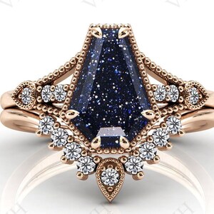 Galaxy Blue Sandstone Engagement Ring Set Art Deco Coffin Shaped Wedding Ring Set For Women 14k Gold 2 Piece Bridal Anniversary Ring Set