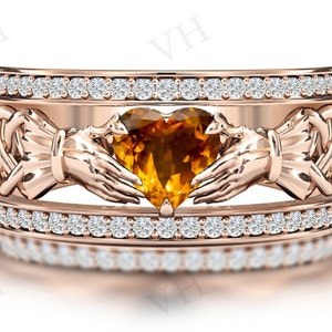 Antique Citrine Engagement Ring For Women Art Deco Claddagh Wedding Band 14k Gold Vintage Claddagh Style Ring Unique Bridal Anniversary Ring