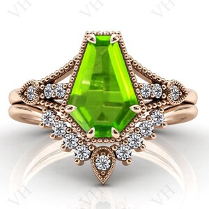 Antique Coffin Shaped Peridot Engagement Ring Set For Women Art Deco Peridot Wedding Ring Set 14k Gold Unique Bridal Anniversary Ring Set