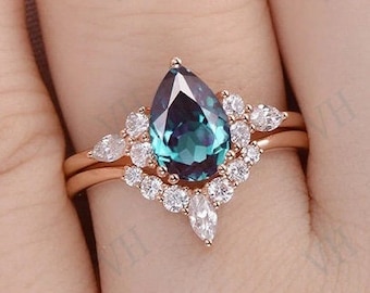 Conjunto de anel de noivado de alexandrite antigo para mulheres vintage conjunto de anel de casamento de alexandrite exclusivo conjunto de anel de promessa 2 peças presente de noiva para ela