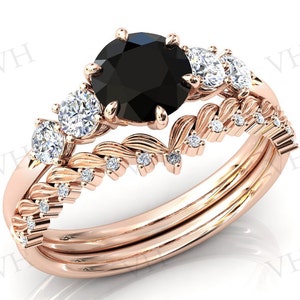 Vintage Black Onyx Engagement Ring Set For Women Art Deco Black Onyx Wedding Ring Set 14k Rose Gold Black Onyx Bridal Anniversary Ring Set