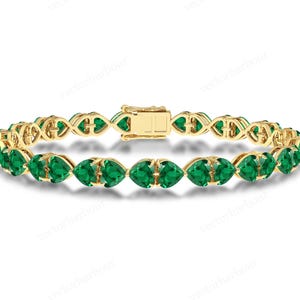 Emerald Tennis Bracelet For Her Art Deco Statement Bracelet 925 Silver Green Gemstone Bracelet Unique Wedding Bracelet Heart Shaped Bracelet