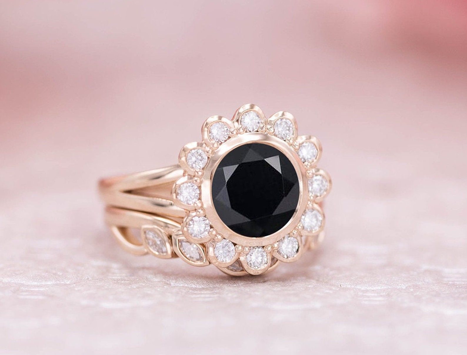 Natural Black Onyx Wedding Ring Set Vintage Onyx