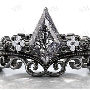 Vintage Kite Shaped Black Rutile Wedding Ring Set For Women Antique Black Metal Engagement Ring Set Vintage Black Rutile Bridal Ring Set