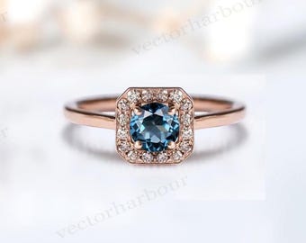 Art Deco London Blue Topaz Engagement Ring For Women Unique Halo Wedding Ring 14k Rose Gold Blue Topaz Bridal Ring Dainty Engagement Ring