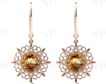 Natuurlijke Citrien Oorbellen 14k Goud Antieke Filigraan Design Oorbellen Art Deco Bruiloft Oorbellen Gele Edelsteen Oorbellen Bungelen Drop Oorbellen