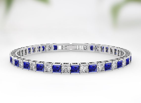 925 Silver Sapphire Engagement Bracelet For Women Channel Set Bracelet Unique Sapphire Bridal Bracelet Vintage Wedding Bracelet For Women
