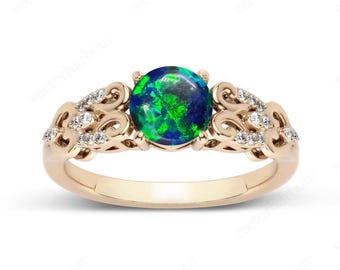 Art Deco Filigree Style Ring Unique Green Opal Engagement Ring Vintage Bridal Promise Ring Green Gemstone Ring Antique Wedding Ring For Her