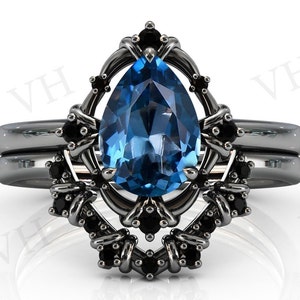 Natural London Blue Topaz Engagement Ring Set Art Deco Wedding Ring Set 925 Silver Antique Bridal Ring Set Unique Anniversary Gift For Women