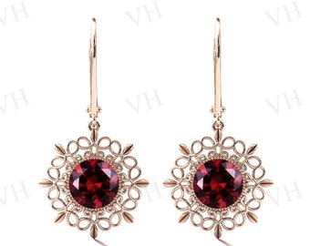 Natural Red Garnet Earrings Art Deco Filigree Design Earrings Antique Wedding Earrings 14k Gold Red Gemstone Earrings Anniversary Gift
