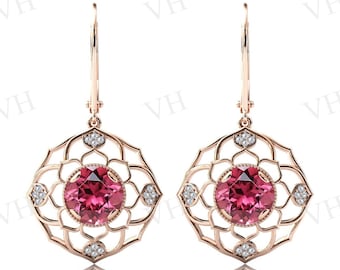 Vintage Pink Tourmaline Earrings For Women Rose Gold Antique Lotus Wedding Earrings Unique Pink Gemstone Earrings Anniversary Gift For Women