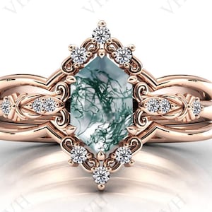 Hexagon Shaped Moss Agate Engagement Ring Set Vintage Moss Agate Wedding Ring Set Art Deco 3 Piece Bridal Anniversary Ring Set For Women