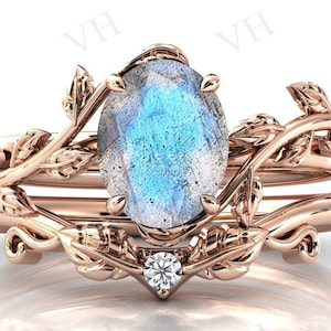 Vintage Labradorite Engagement Ring Set Vine Leaf Design Labradorite Wedding Ring Set Art Deco Blue Fire Labradorite Bridal Ring Set For Her