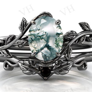 Vine Leaf Style Moss Agate Engagement Ring Set 925 Silver Moss Agate Wedding Ring Set Art Deco Moss Agate Bridal Promise Ring Set For Women