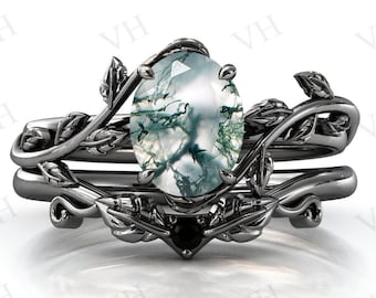Vine Leaf Style Moss Agate Engagement Ring Set 925 Silver Moss Agate Wedding Ring Set Art Deco Moss Agate Bridal Promise Ring Set For Women